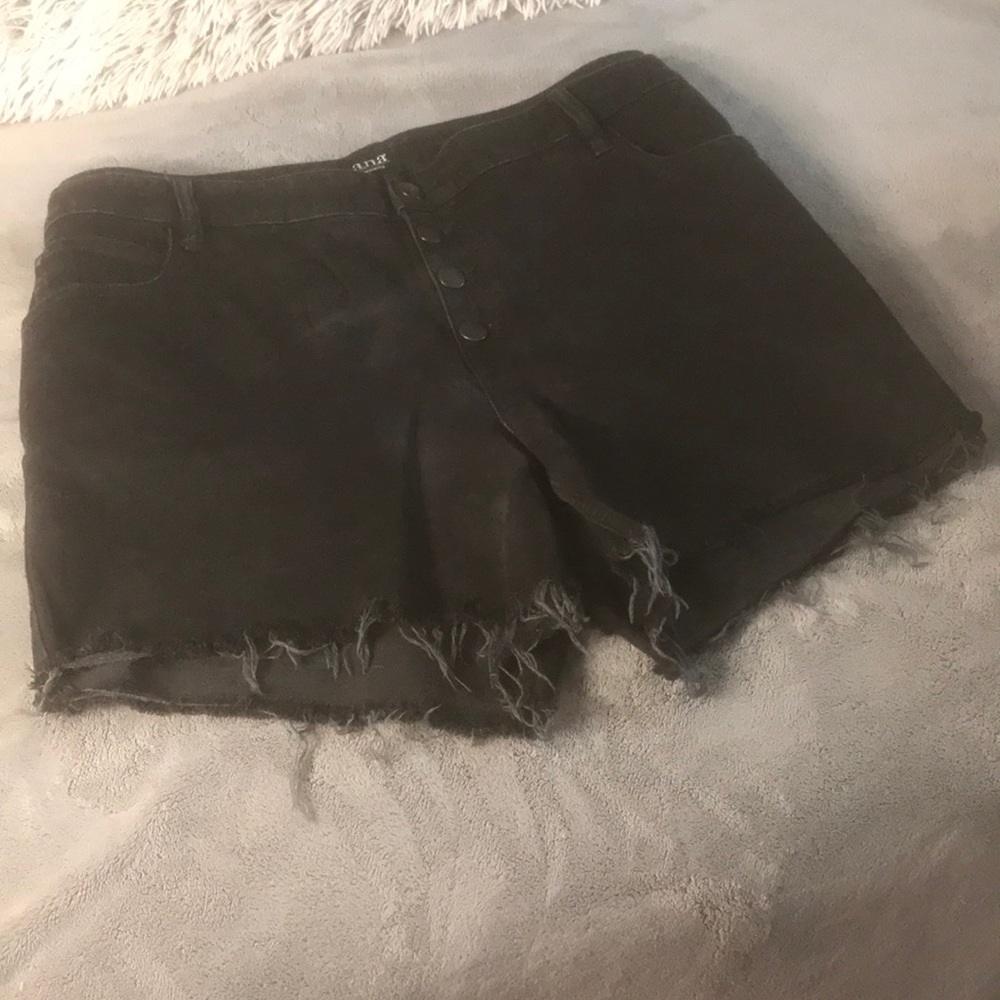 High waisted black denim button up shorts